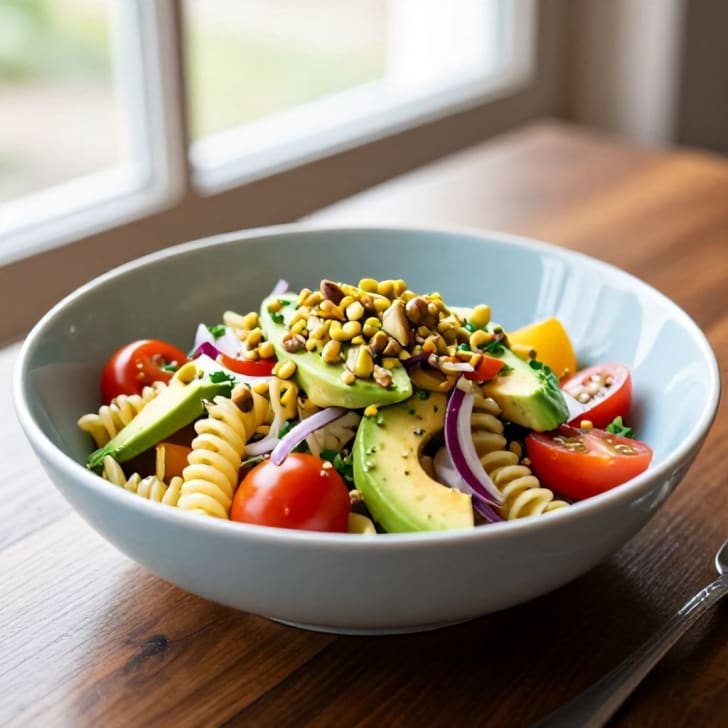 Mediterraner Avocado-Pistazien-Nudelsalat mit Kefir-Zitronen-Dressing