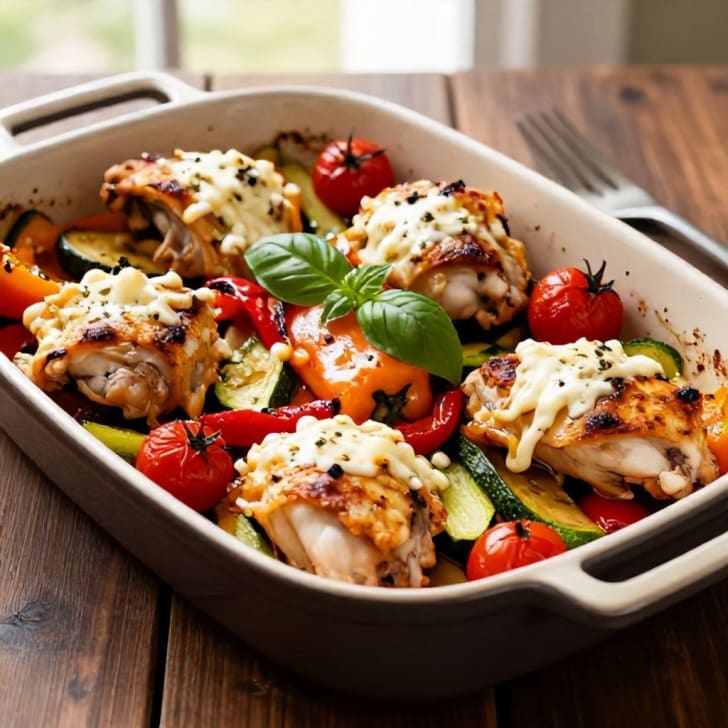 Ofenhähnchenkeulen mit Mediterranem Gemüse und Mozzarella