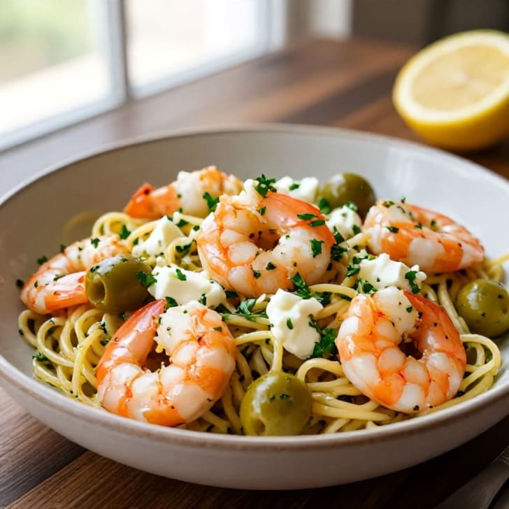Zitronen-Knoblauch-Garnelen-Pasta mit Oliven und frischem Mozzarella
