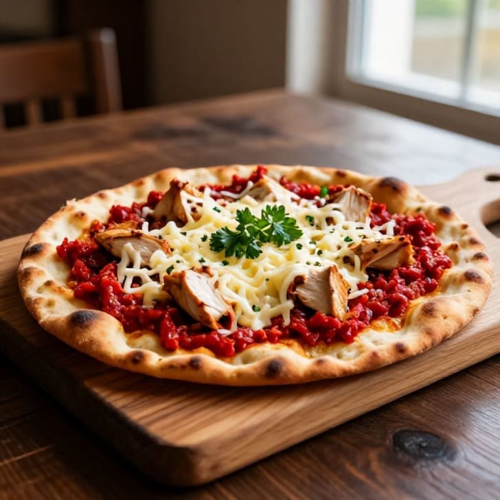 Herzhaftes Hähnchen-Ajvar-Fladenbrot mit geriebenem Käse