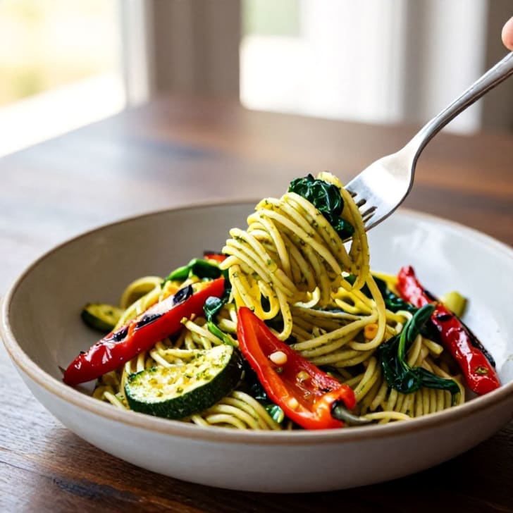 Mediterrane Pesto-Pasta mit geröstetem Gemüse