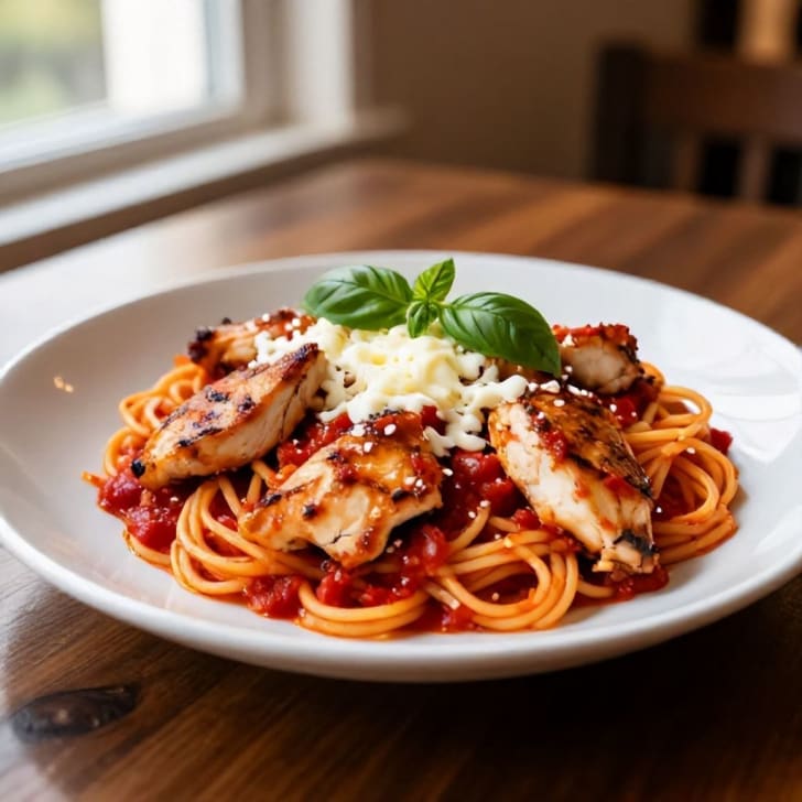 Gebratenes Hähnchen mit Tomaten-Mozzarella-Pasta