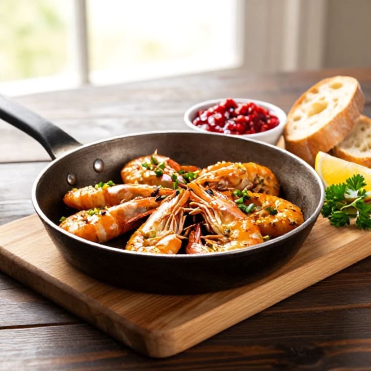 Pikante Knoblauchgarnelen mit Ajvar-Dip und knusprigem Baguette