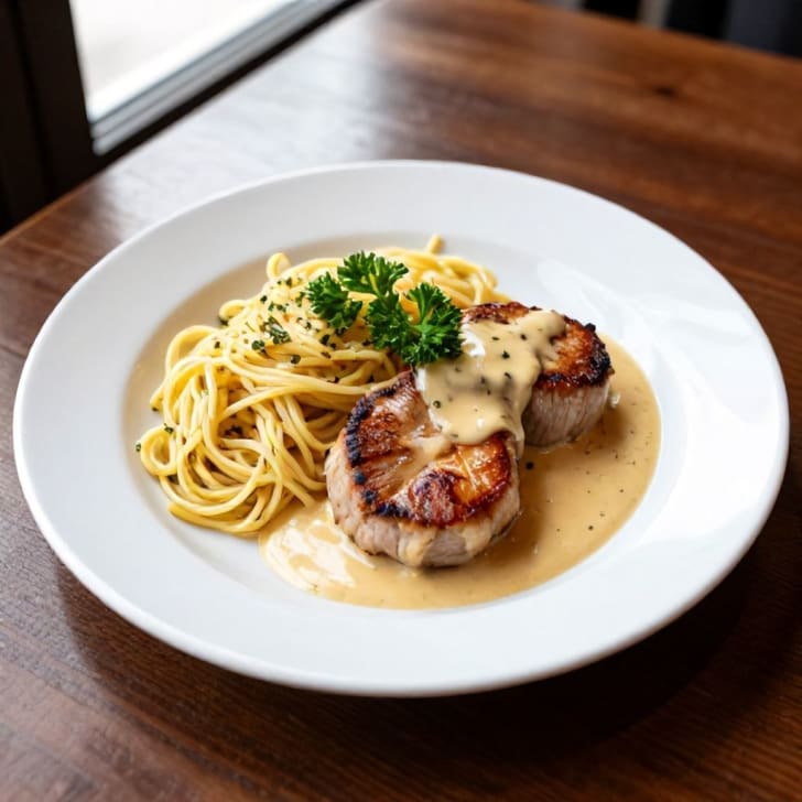 Schweinsfilet-Medaillons mit cremiger Dijon-Sauce und Kräuterpasta