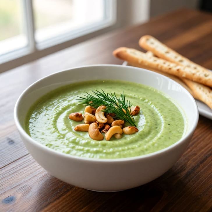 Cremige Zucchini-Kefir-Suppe mit gerösteten Cashewkernen & Grissini
