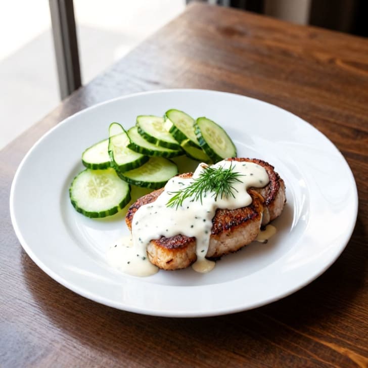 Gebratenes Schweinsfilet mit Cremiger Krensoße und Frischem Gurkensalat