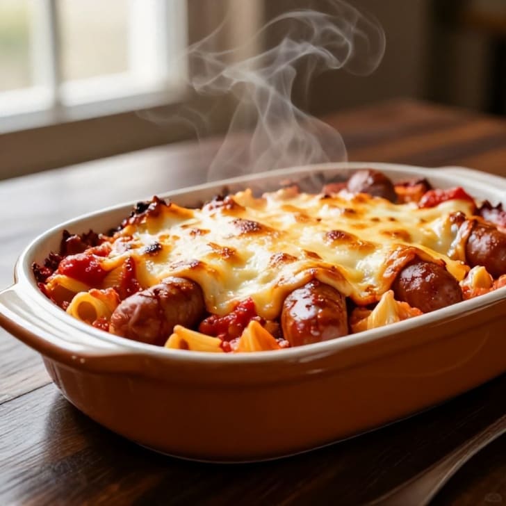 Überbackener Nudelauflauf mit Frankfurter Würstchen und Käse