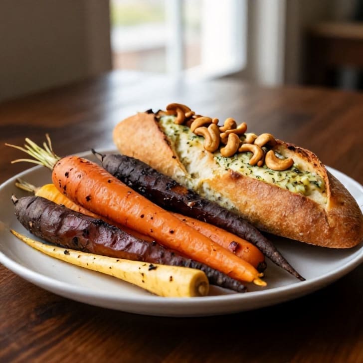 Gerösteter Wurzelgemüse-Cashew-Salat mit Kräuterbutter-Baguette