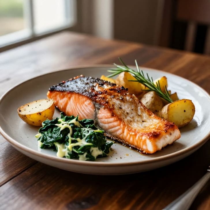 Gebratener Lachs mit Rosmarinkartoffeln und Rahmspinat