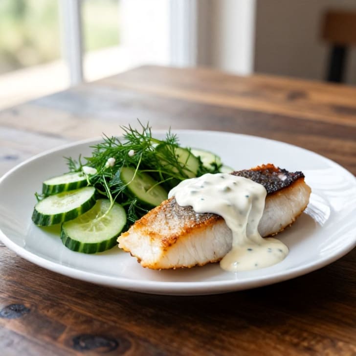 Gebratenes Karpfenfilet mit cremiger Krensauce und Dill-Gurkensalat