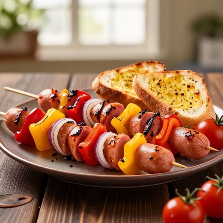 Käsekrainer- & Paprika-Spieße mit Knoblauchbrot