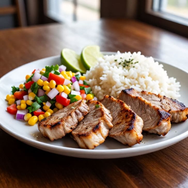 Gebratene Schweine-/Putenmedaillons mit frischer Maissalsa & Reis