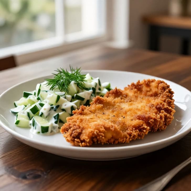 Knuspriges Hähnchenschnitzel mit cremigem Gurken-Dill-Salat
