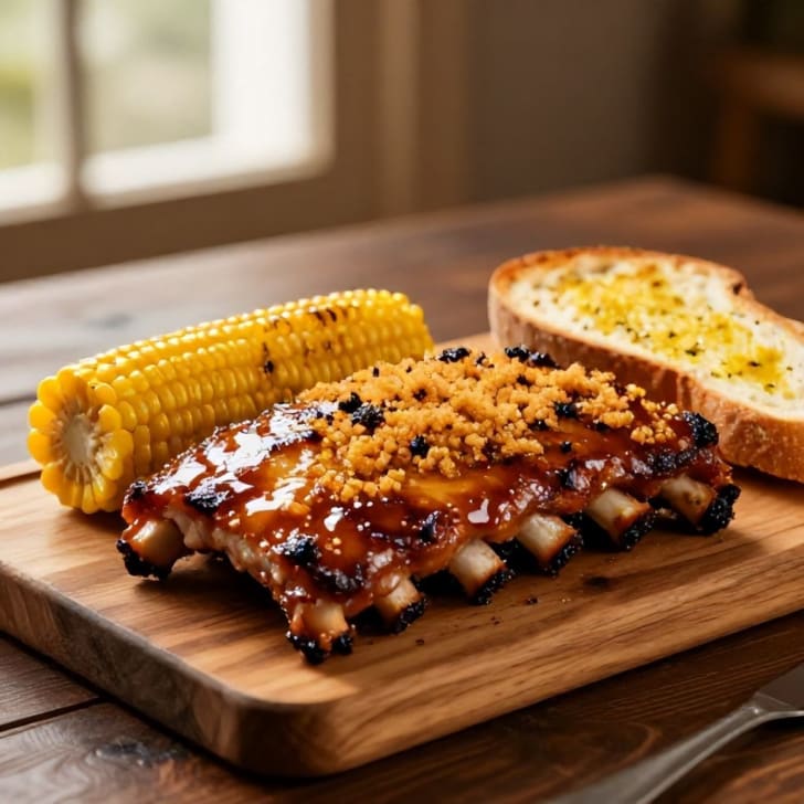 Glasierte Spareribs mit geröstetem Mais & Knoblauchbrot
