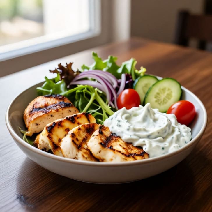 Griechische Hähnchen-Halloumi-Bowl mit Tzatziki