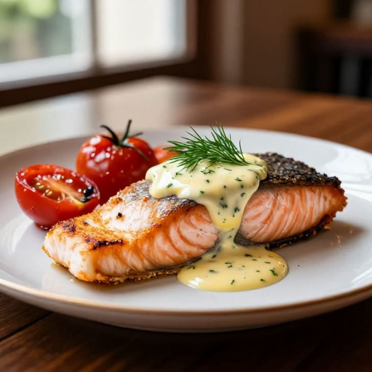 Gebratener Lachs mit Zitronen-Dill-Frischkäsesauce und gerösteten Pflaumentomaten