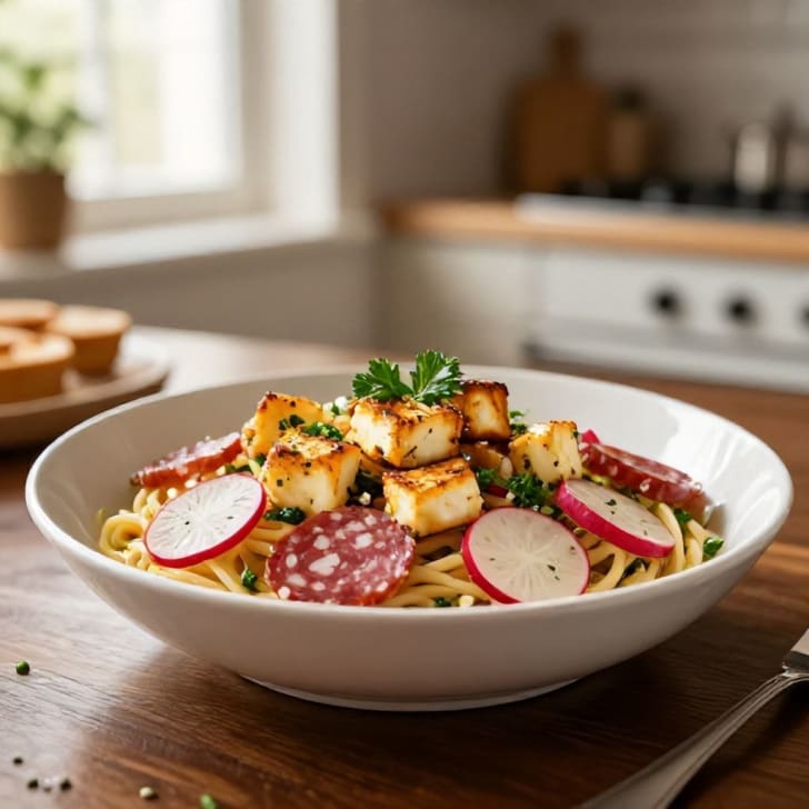 Halloumi- und Salami-Pasta mit sautierten Radieschen und Oliven