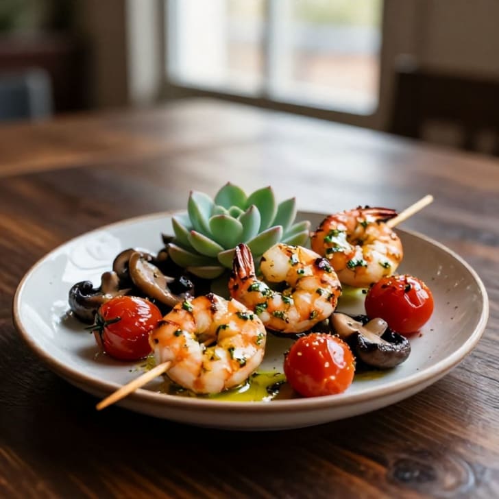 Knoblauch-Kräuter-Garnelenspieße mit Pilz-Tomaten-Pfanne
