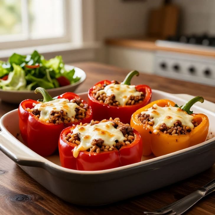 Herzhafte Rindfleisch-Mozzarella-gefüllte Paprika mit frischem Beilagensalat