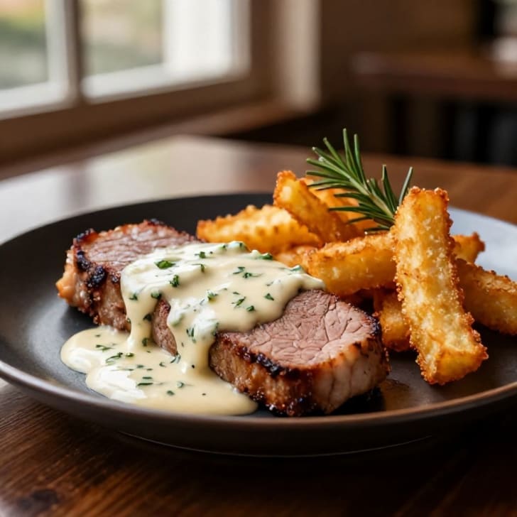 Gebratenes Schweinskarree mit cremiger Kräutersauce und knusprigen Bio-Rösti