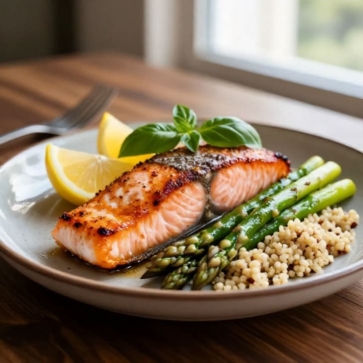 Gebratener Lachs mit Zitronen-Kräuter-Spargel & Quinoa