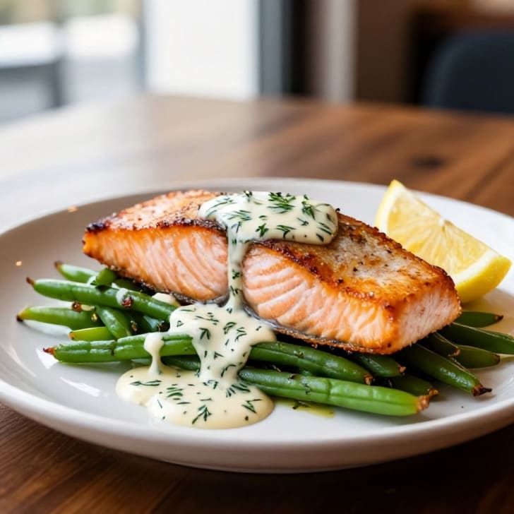 Gebratener Lachs mit cremiger Dill-Sauce und gerösteten grünen Bohnen