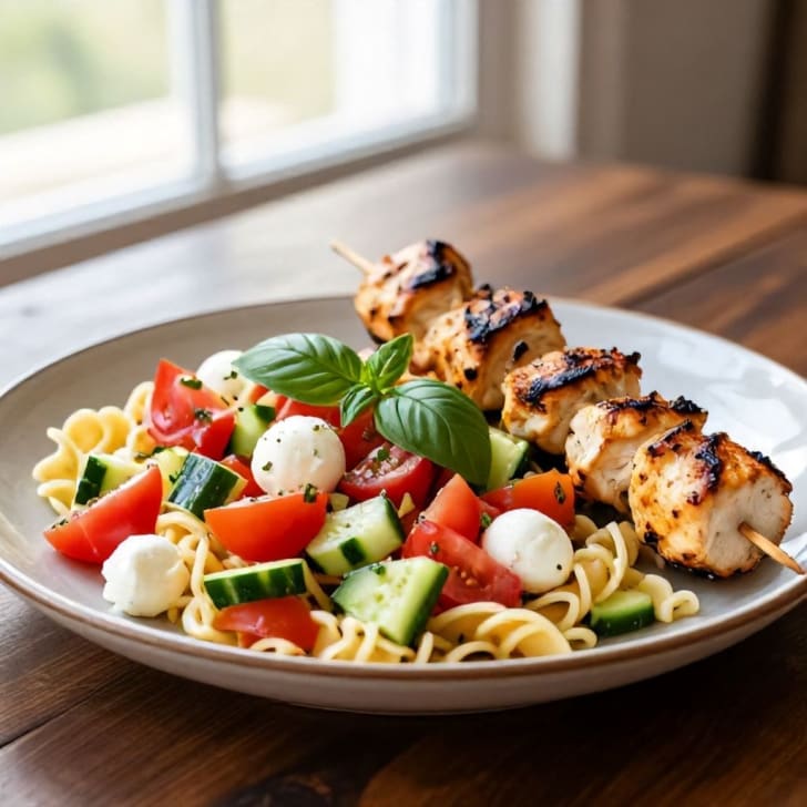 Hähnchenspieße mit Frischem Tomaten-, Gurken- & Mozzarella-Nudelsalat
