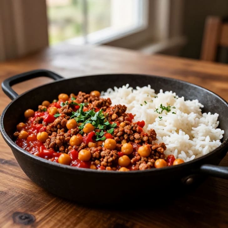 Mediterrane Hackfleisch-Kichererbsen-Pfanne mit Reis