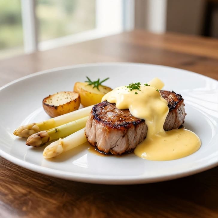 Gebratenes Schweinefilet mit Weißem Spargel und Sauce Hollandaise
