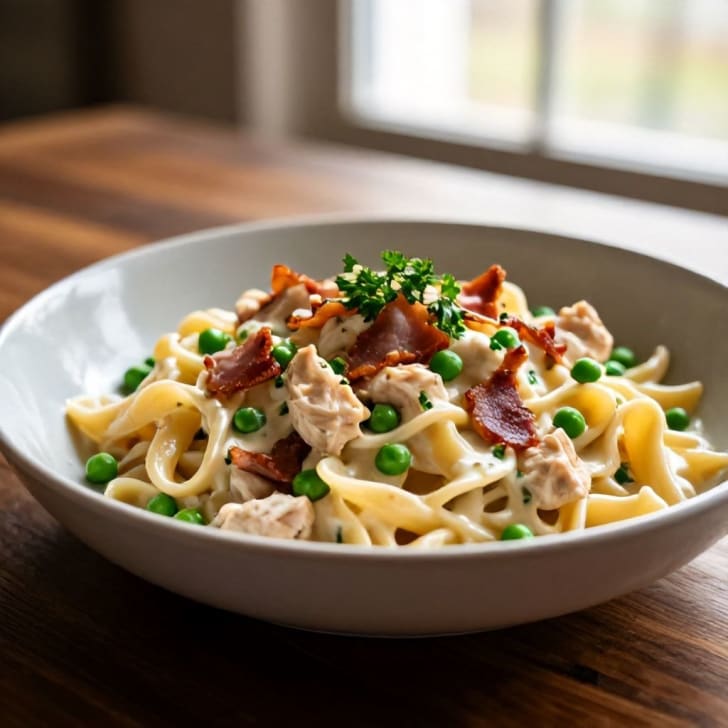 Cremige Hähnchen-Speck-Pasta mit Erbsen
