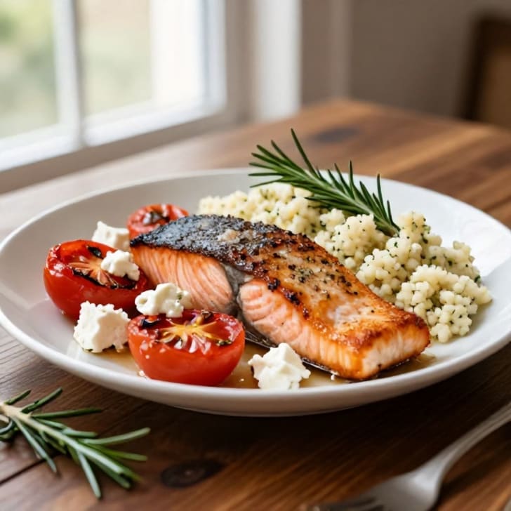 Gebratener Lachs mit Geröstetem Tomaten-Feta-Mix und Kräuter-Couscous