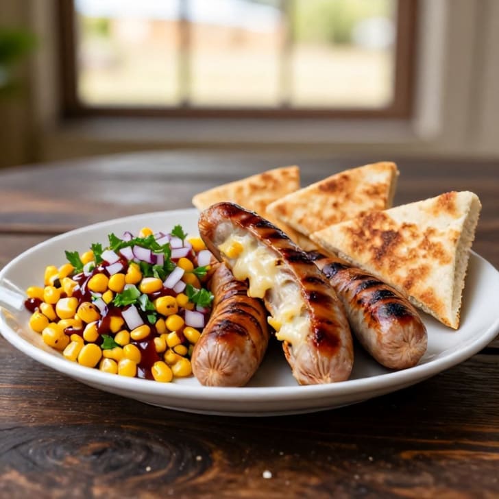 Gegrillte Käsekrainer nach österreichischer Art mit warmem BBQ-Maissalat und knusprigem Pitabrot