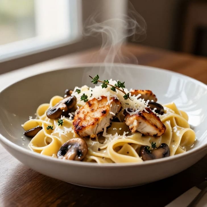 Cremige Hähnchen-Champignon-Tagliatelle mit Parmesan und Thymian