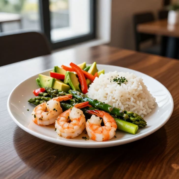 Pikante Garnelen, Grüner Spargel & Avocado-Salat mit Reis