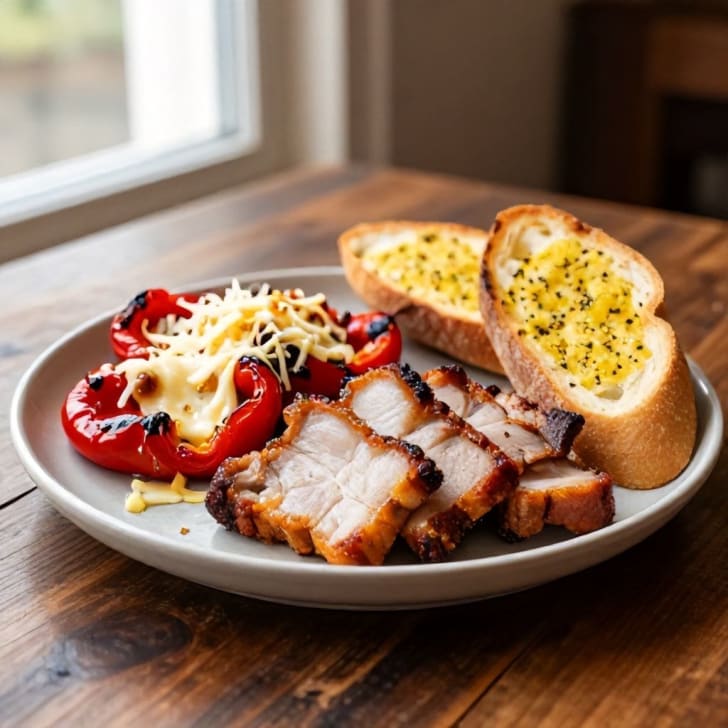 Knuspriger Marinierter Grillbauch mit Gerösteten Paprika & Käse-Gratin