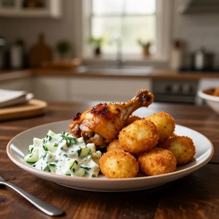 Herzhafte Gebratene Hühnerkeulen mit Knusprigen Kartoffelkroketten und Frischem Gurkensalat