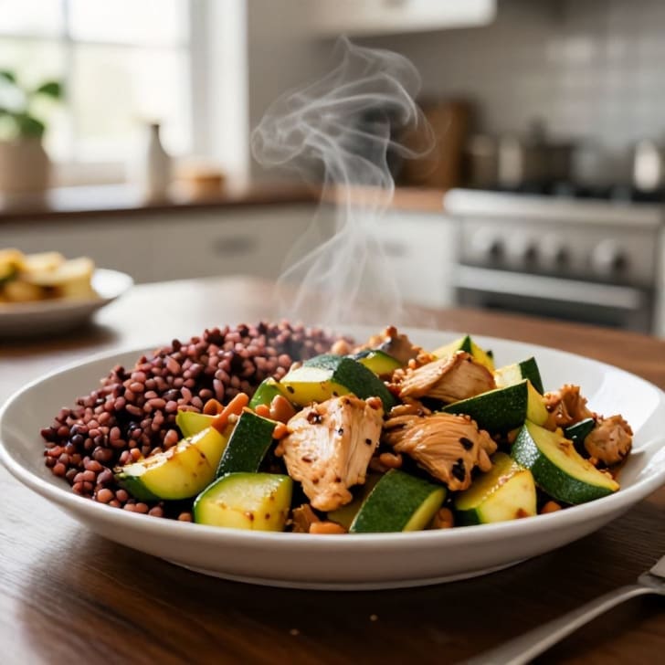 Schnelles Hähnchen-Zucchini-Pfanne mit Roten Linsenreis