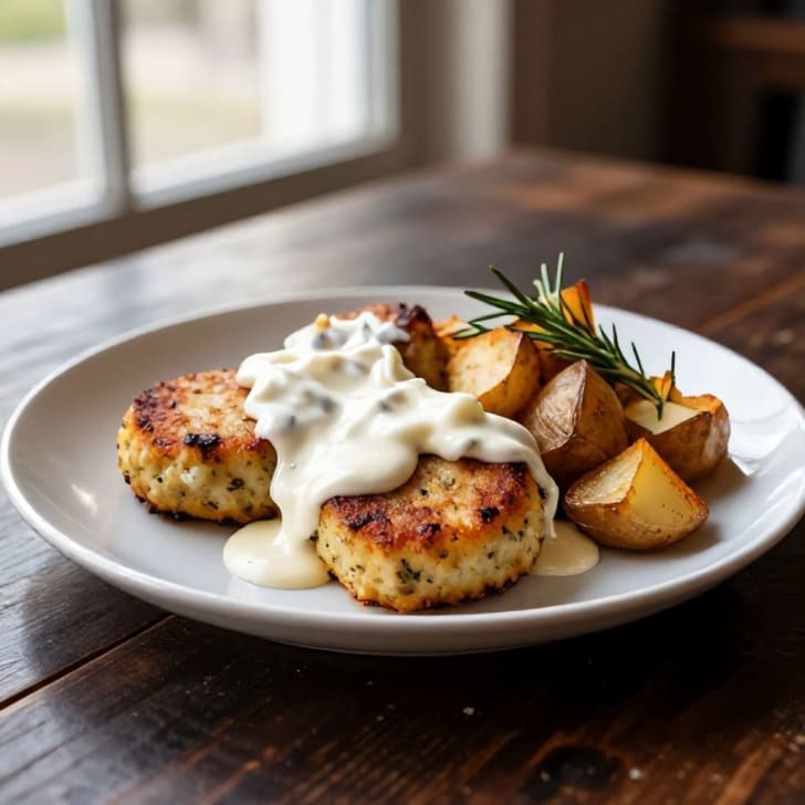 Vegane Medaillons mit cremiger Camembert-Sauce und Rosmarinkartoffeln