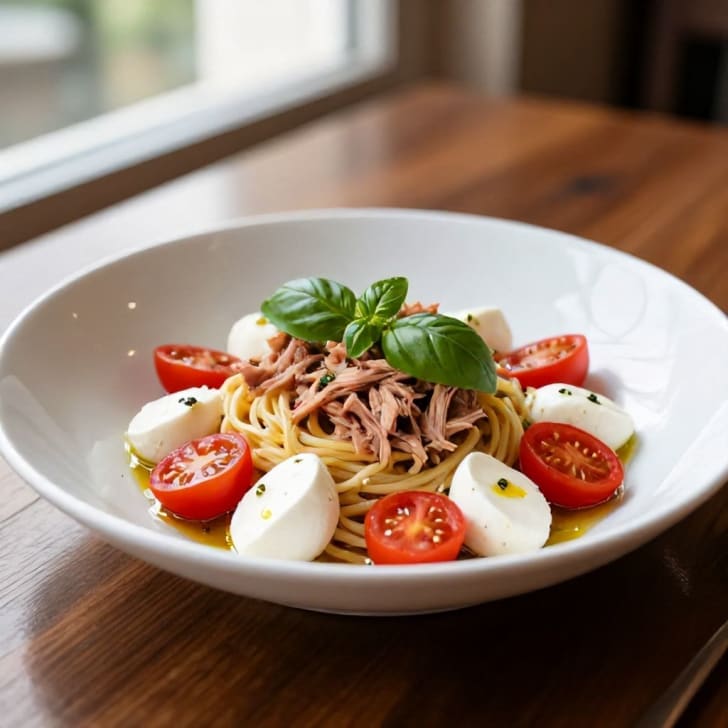 Frische mediterrane Thunfisch-Pasta mit Kirschtomaten und Mozzarella