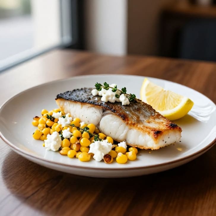 Mittelmeer-Wolfsbarsch mit Geröstetem Mais & Feta
