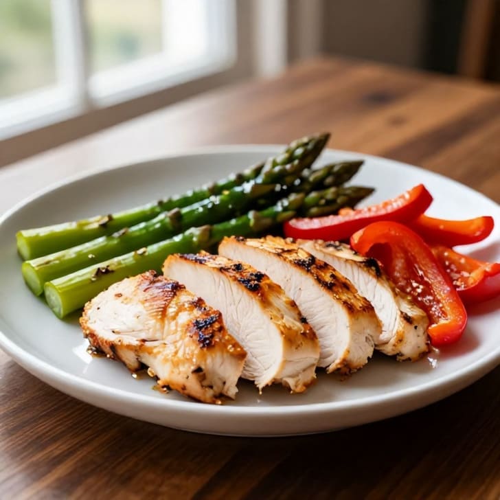 Gebratene Putenbrust mit geröstetem grünem Spargel und roter Paprika