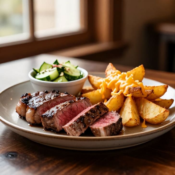 Gebratenes Rinderhüftsteak mit käsigen Kartoffelspalten und frischem Gurkensalat