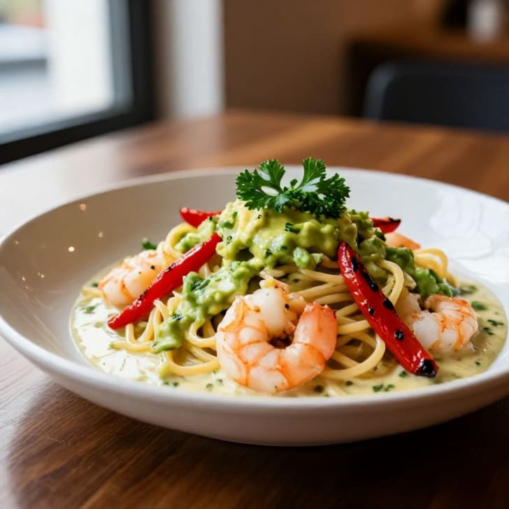 Cremige Garnelen-Avocado-Pasta mit gerösteter roter Paprika
