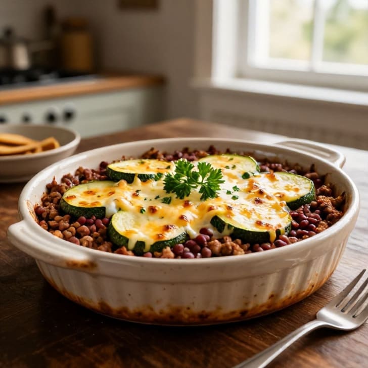 Herzhafter Linsen- & Faschiertes-Zucchini-Auflauf mit Käsekruste