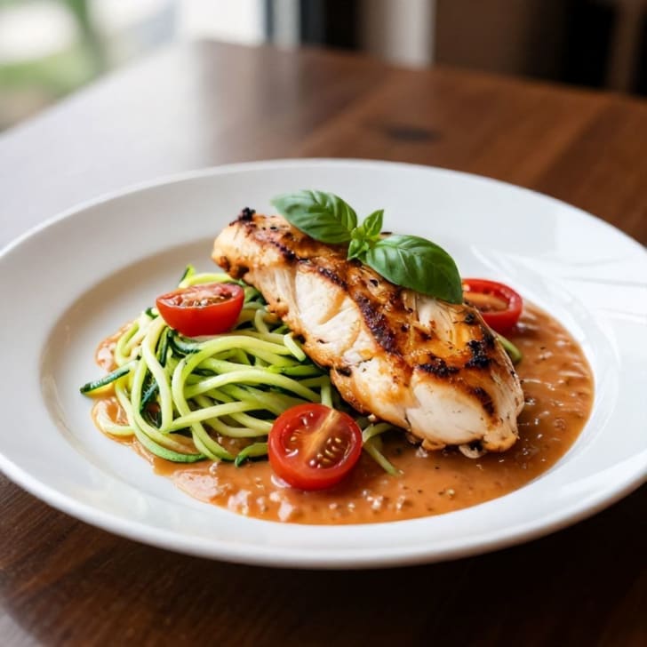 Gebratenes Hähnchenfilet mit cremigen Zucchini-Nudeln und Kirschtomaten-Sauce