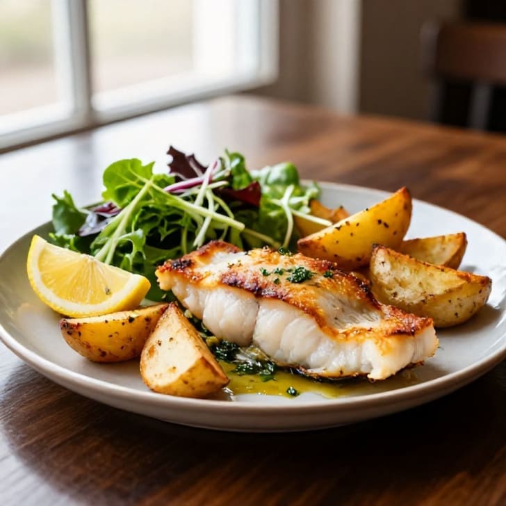 Gebackener Kabeljau mit Zitronen-Kräuter-Kartoffeln und frischem grünem Salat