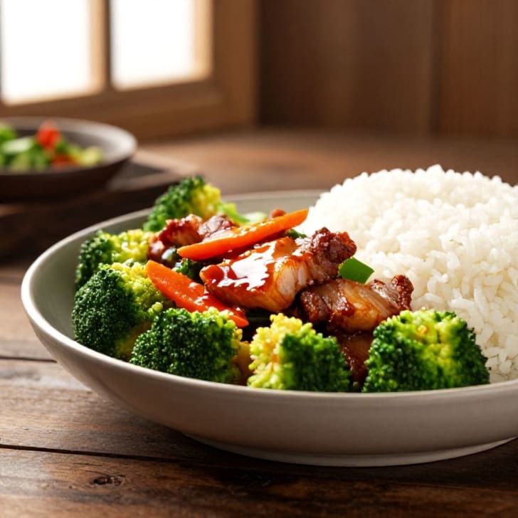 Knuspriger Schweinebauch-Brokkoli-Wok mit Ingwerreis