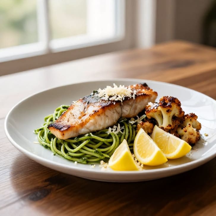 Gebratene Forelle mit geröstetem Blumenkohl und Pesto-Linguine