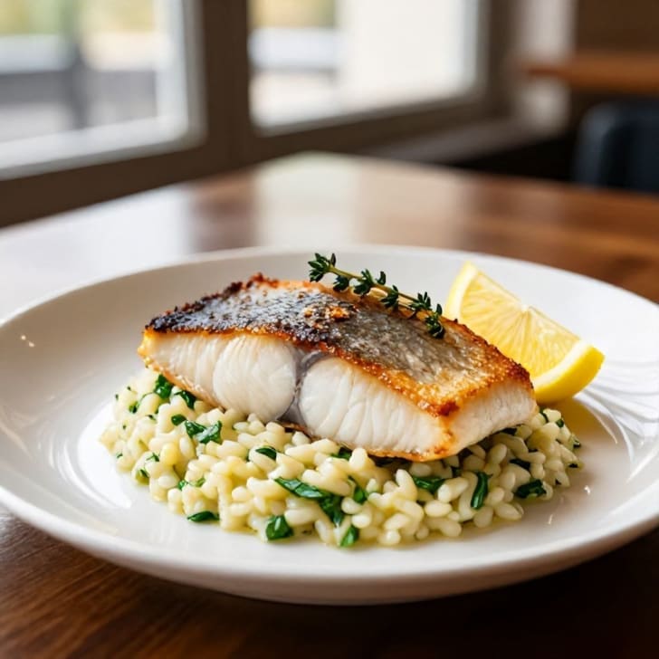 Gebratenes Welsfilet mit cremigem Zitronen-Kräuter-Risotto