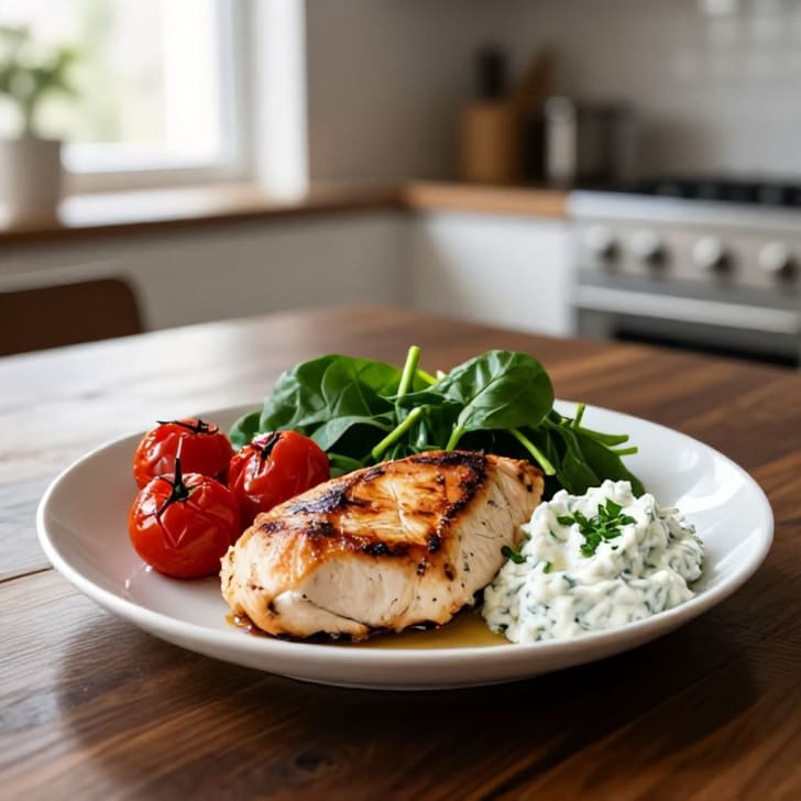 Gebratenes Hähnchen mit gerösteten Kirschtomaten, Spinat und Kräuterquark